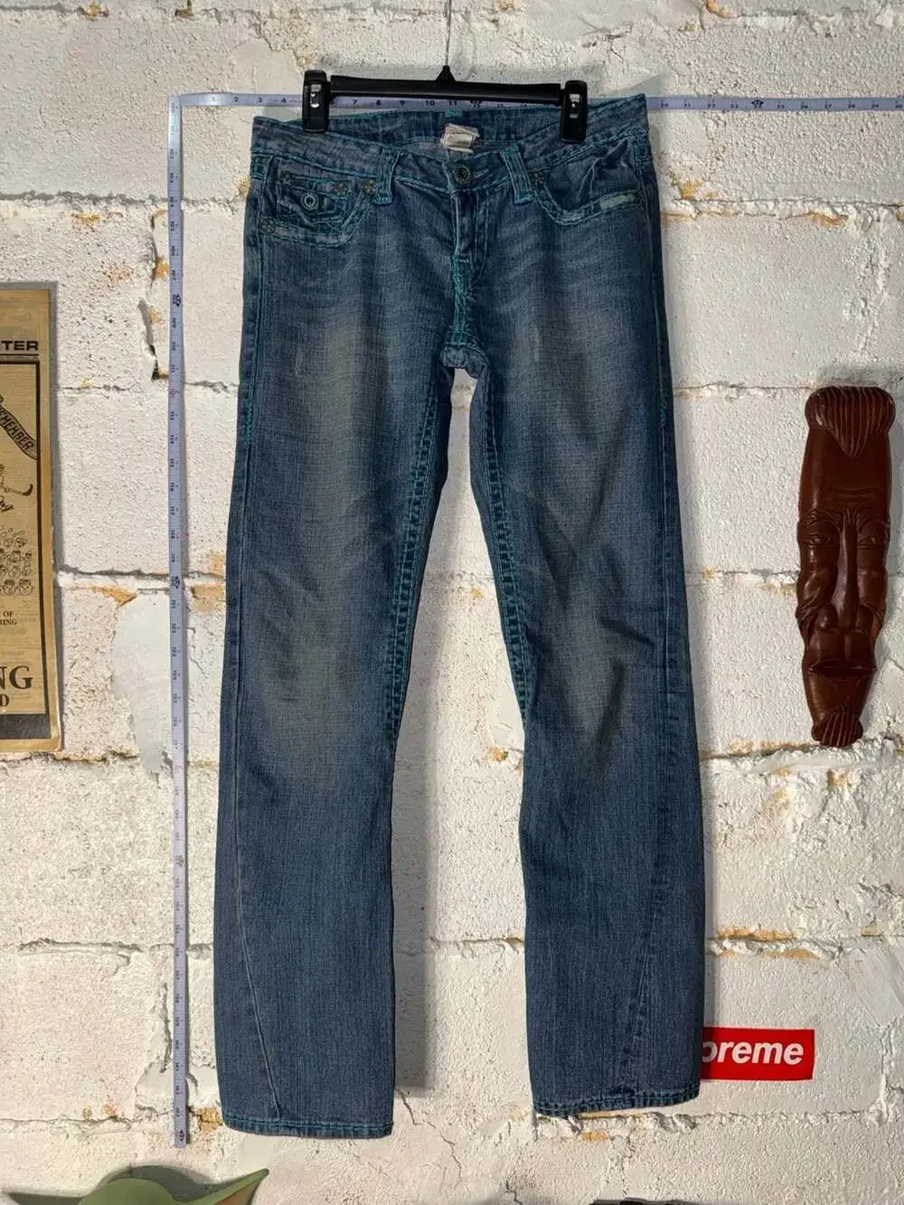 True Religion Billy Super T Teal Contrast Stitching Straight Leg Jeans